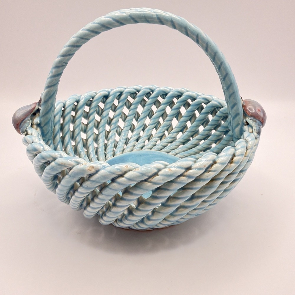 Vtg Spain Woven Ceramic Basket Aqua Blue Applied Fruit Floral Accents